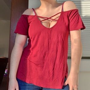 Red reversible cross-design top